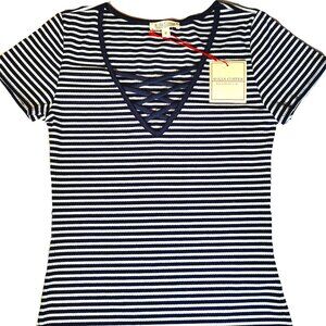Rolla Coster Navy White Striped Ribbed Knit Tee Lace-Up V-Neck Casual Size S NWT